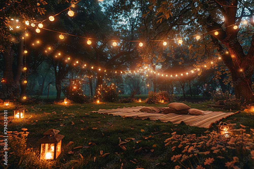 Romantic Starry Night: Couple Relaxes in a Garden Lit by Fairy Lights