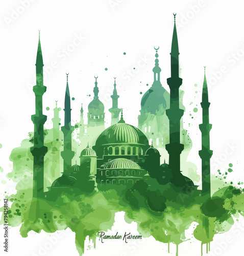 a watercolor painting of a green mosque