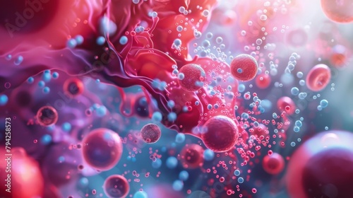 An abstract image of red cells and oxygen molecules colliding in a chaotic dance. The cells appear as red and pink orbs swirling and