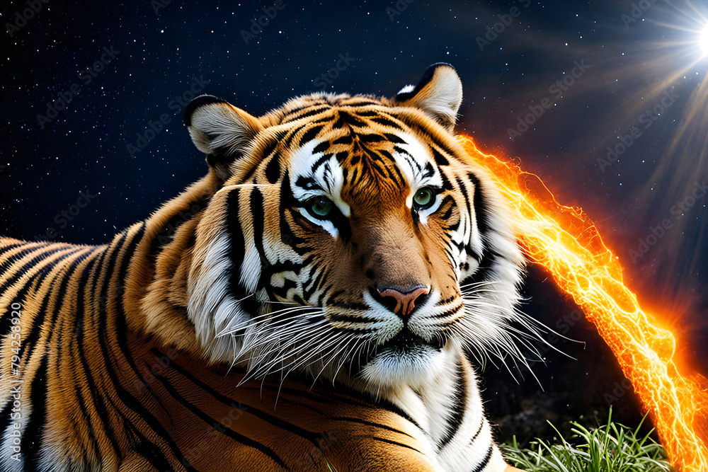 Fototapeta premium Bengal tiger with mustache lies in the jungle and looks at the camera.