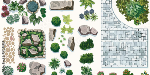 an aerial view of a garden with rocks and plants