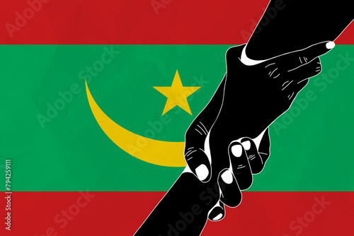 Helping hand against the Mauritania flag. The concept of support. Two hands taking each other. A helping hand for those injured in the fighting, lend a hand photo