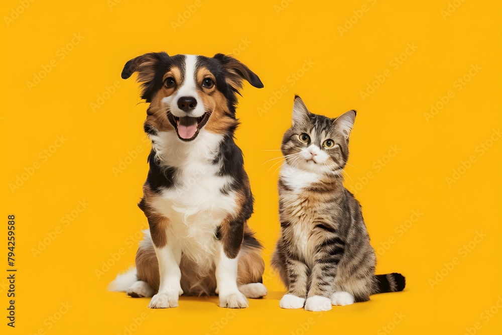 Happy dog and curious cat sit together, contrasting against bright yellow background