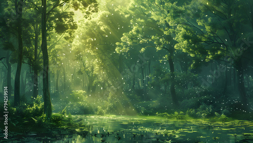 A calm green forest scene, ideal for nature blogs, wellness websites, and environmental campaigns. © ELmidoi-AI