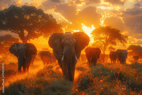A herd of elephants is walking across the savannah at sunset, with orange and yellow hues in the sky. Created with Ai © Design