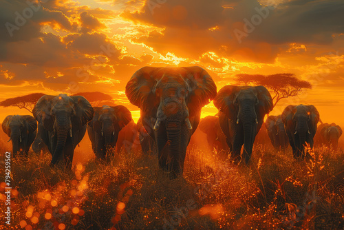 A herd of elephants on the African savannah at sunset, photo realistic, in the style of national geographic with warm tones. Created with Ai © Design