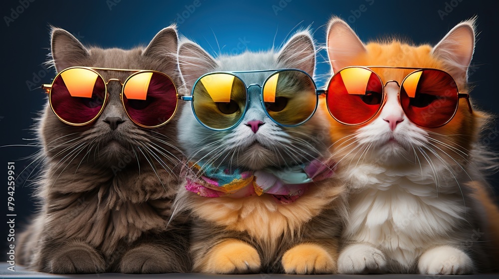 Three cats in glasses are sitting together.