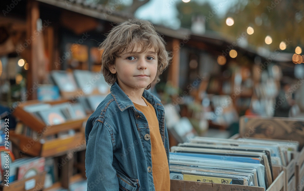 A young boy stands in front of a box of records. The boy is wearing a blue jacket and a yellow shirt. The scene is set in a store with many records on display