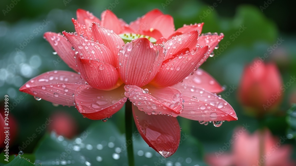 A red flower with dewdrops and a nearby green leaf A red flower with dewdrops and a nearby green leaf
