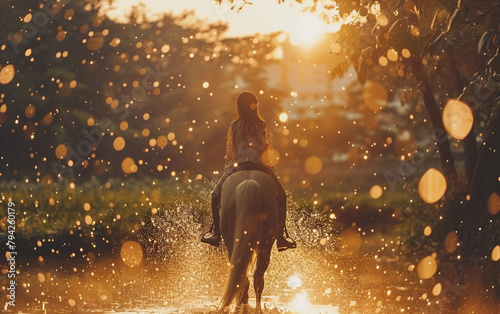 A woman is riding a horse in a field with a sun in the background. The sun is setting, creating a warm and peaceful atmosphere © imagineRbc