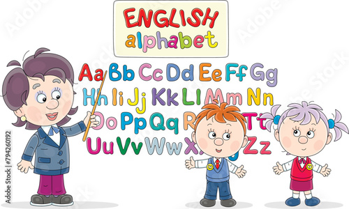 Teacher pointing to letters of English alphabet on a poster in a class and asking funny little schoolchildren about them at a lesson in primary school, vector cartoon illustration on white