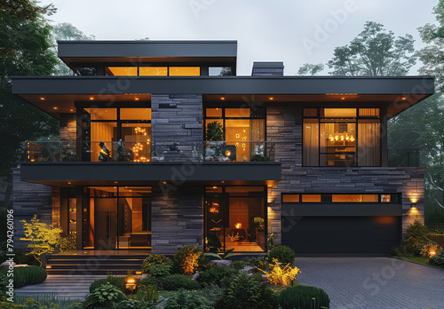 Ultrarealistic, bright and scenic view of the exterior front of an elegant modern home in British Columbia, Canada with large windows, stone accents on the main house wall. Created with Ai