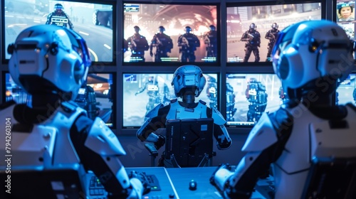 In a virtual control room police officers monitor and direct the movements of the riot control robots using advanced technology to maintain control of the situation. .