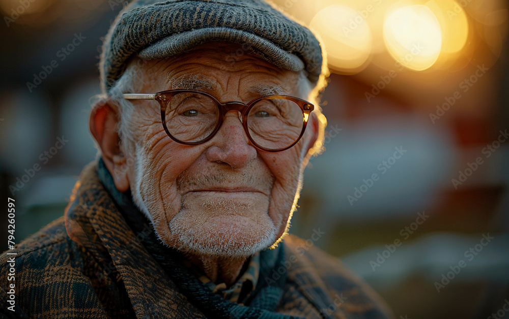 An old man with glasses and a hat is smiling. He is wearing a scarf and a jacket An old man with glasses and a hat is smiling. He is wearing a scarf and a jacket