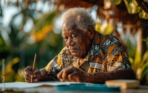 An old man is writing with a pencil on a piece of paper. He is wearing a colorful shirt and he is focused on his writing. The scene suggests a sense of nostalgia or reflection