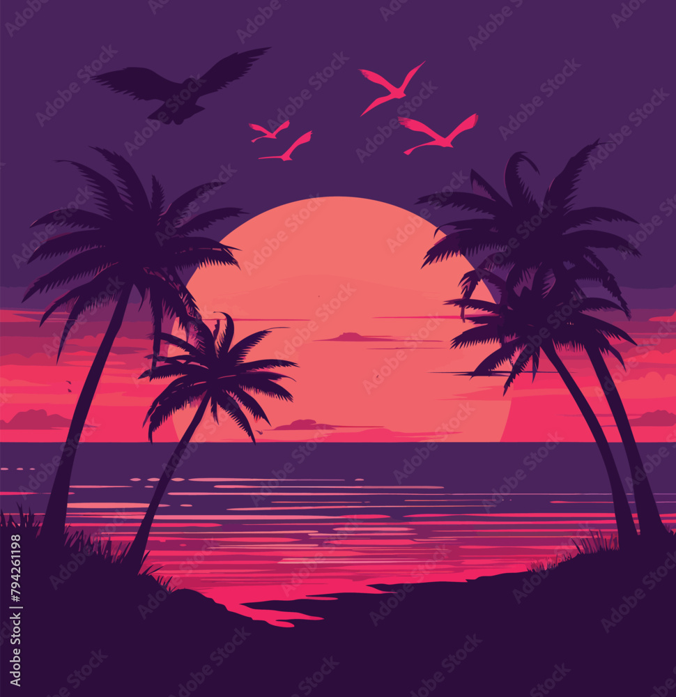 a sunset with palm trees and birds flying in the sky