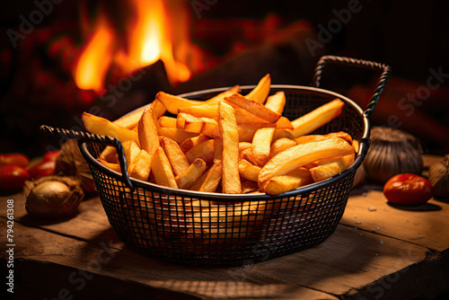 Treat yourself to a serving of golden-brown French fries, irresistibly crispy and delicious. photo