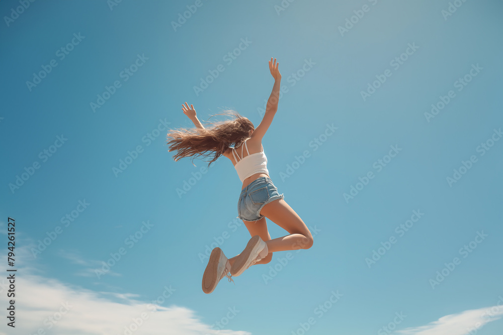 A girl energetically jumps into the air on a bright and sunny day, filled with joy and freedom.