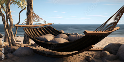 Against the backdrop of palm trees and turquoise waters, a beach swing chair offers the perfect spot to unwind and soak in the tropical paradise. photo