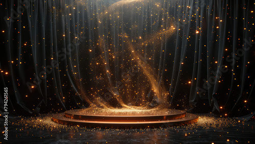 Golden stage background, golden particles and glitter falling on the ground, with curtain effects. Created with Ai photo