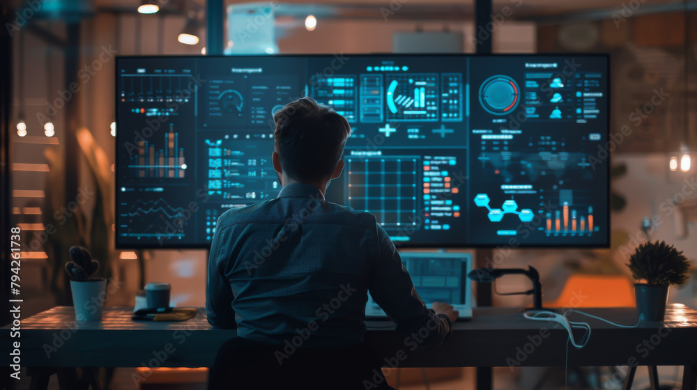 A man is sitting at a desk in front of a large monitor displaying various graphs A man is sitting at a desk in front of a large monitor displaying various graphs