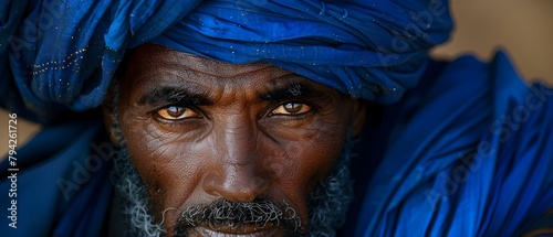 Middleaged Tuareg trader in indigo turban with only eyes visible in desert. Concept CulturePhotography, TraditionalAttire, IdentityPortraits, EthnicFashion, DesertLandscape photo