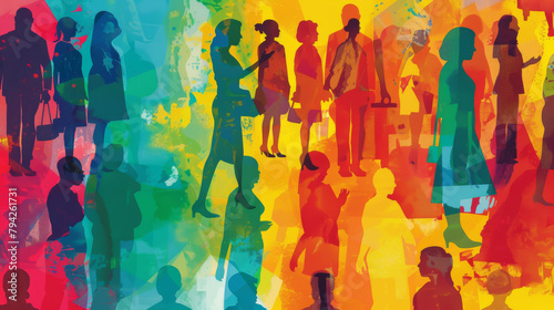 A colorful painting of a crowd of people with a variety of colors and sizes