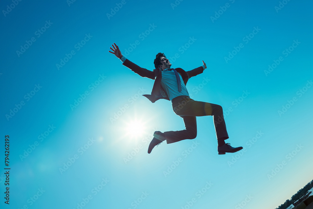 Joyful young man leaping against a clear blue sky on a sunny day Joyful young man leaping against a clear blue sky on a sunny day