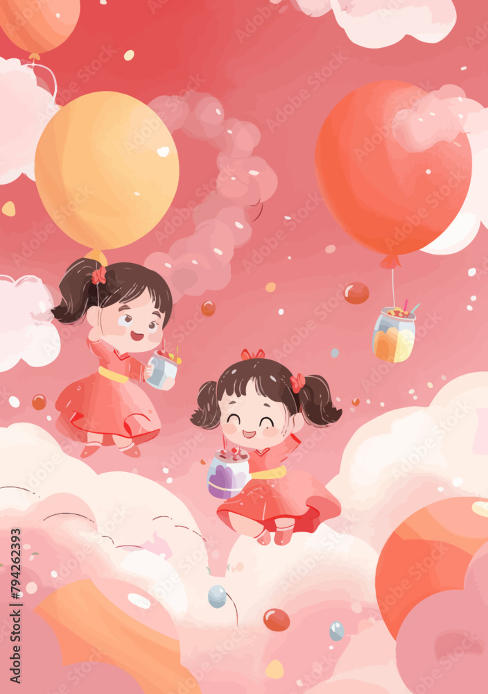 two little girls flying in the sky with balloons two little girls flying in the sky with balloons