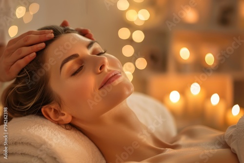   A woman receives a facial massage from a therapist  reclining on a bed Candles illuminate the tranquil background