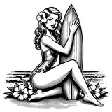 Hawaii flower pin-up girl woman with a surfboard, classic beach vibes allure of surfing culture sketch engraving generative ai fictional character PNG illustration. Black and white image.