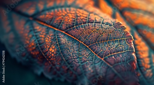   A tight shot of a leaf's verdant green and orange hues, overlaid with a softly blurred depiction of its upper portion photo