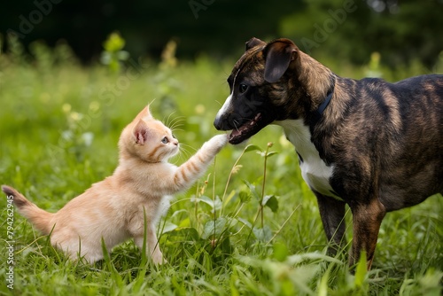 A peaceful scene of a kitten and dog bonding in a beautiful meadow