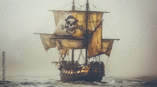   A pirate ship in the midst of the ocean, its prow displaying a skull motif, the stern bearing a crossbones emblem photo