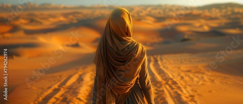 Portrait of North African woman in headscarf walking in desert with others. Concept Portrait Photography, Desert Landscape, North African Culture, Group Shot, Traditional Attire