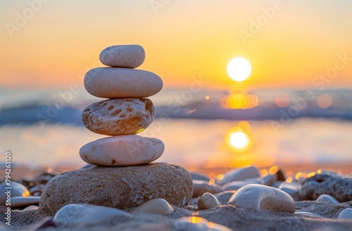 A stack of rocks atop a sandy beach, adjacent to the ocean, as the sun sets in the backdrop