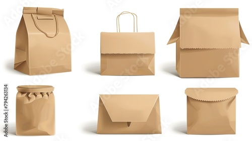Eco-friendly collection of brown paper packaging isolated on white background: shopping bags, take-out containers and more