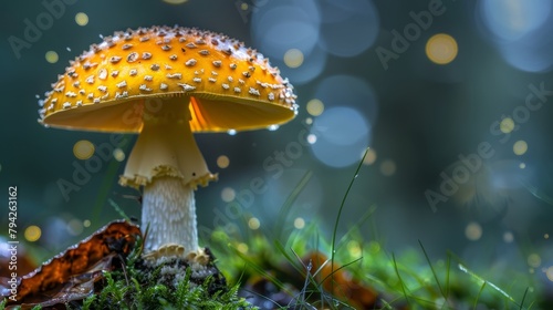  A tight shot of a yellow mushroom atop mossy ground, adorned with water droplets at its peak