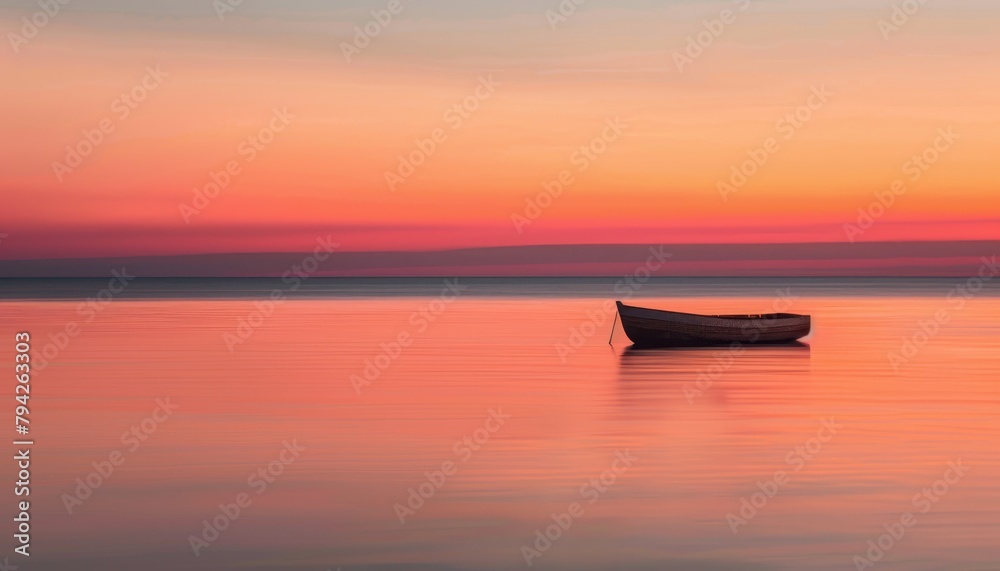   A tiny craft floats atop a vast expanse of water In the far distance, a pink and orange sky hovers