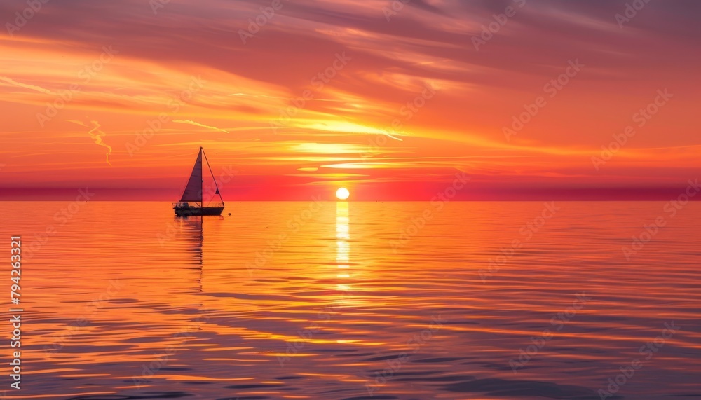   A sailboat in the midst of a vast water expanse, sun setting in the distance