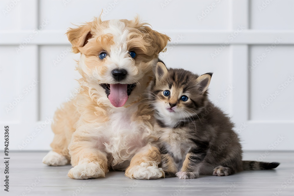Adorable puppy and kitten play together, showing joy and curiosity on white background