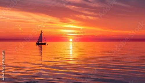  A sailboat in the midst of a vast water expanse, sun setting in the distance
