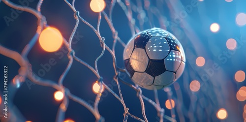  A tight shot of a soccer ball within a net, illuminated by numerous lights opposite