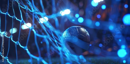   A tight shot of a soccer ball near a net, adorned with blue lights along its side #794263340