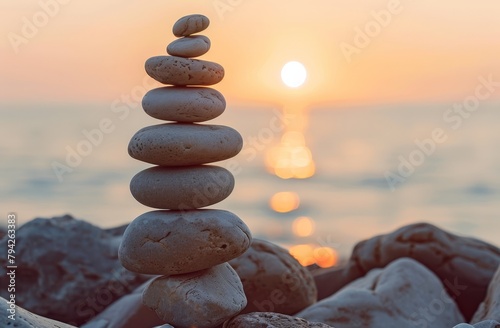   A stack of rocks rising above one another on a sandy beach, near the water's edge photo