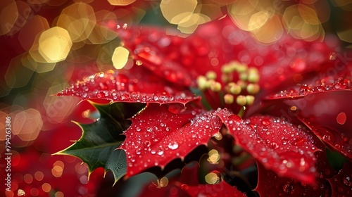  A red poinsettia in tight focus with water droplets and background lights