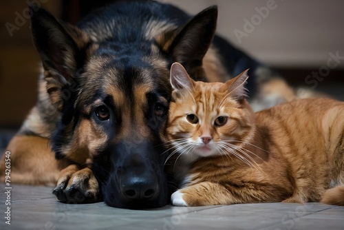 A German Shepherd dog and orange cat share a heartwarming embrace indoors