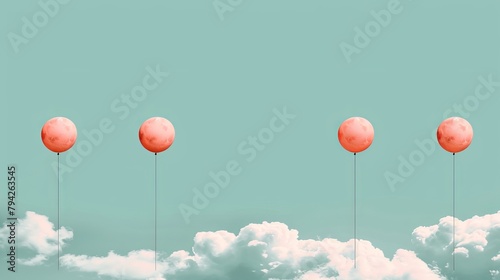   Red balloons ascend above blue-green sky, filled with white clouds photo