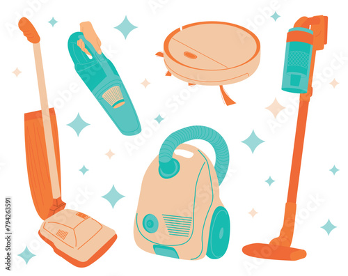 Vacuum cleaners flat set icon. Vector illustration cleaning hoover on white background. Flat vector illustration for poster, icon, card, logo, label