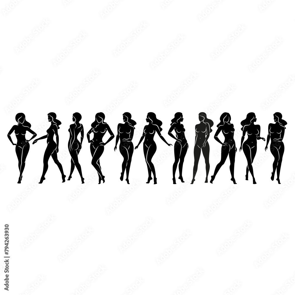 Silhouette of a nice lady, she is standing. The girl has a beautiful naked figure. The woman is a young sexy and slender model. Vector illustration